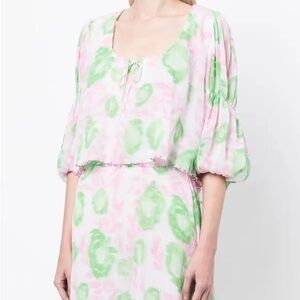 GANNI Floral-Print Pleated Georgette Blouse Size Medium